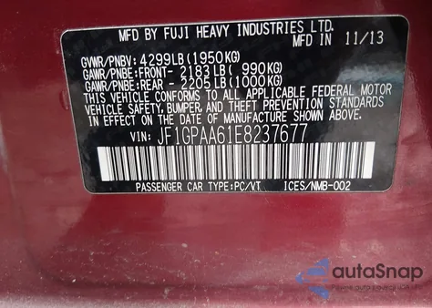 2014 Subaru Impreza 2.0I from USA, damaged, VIN JF1GPAA61E8237677